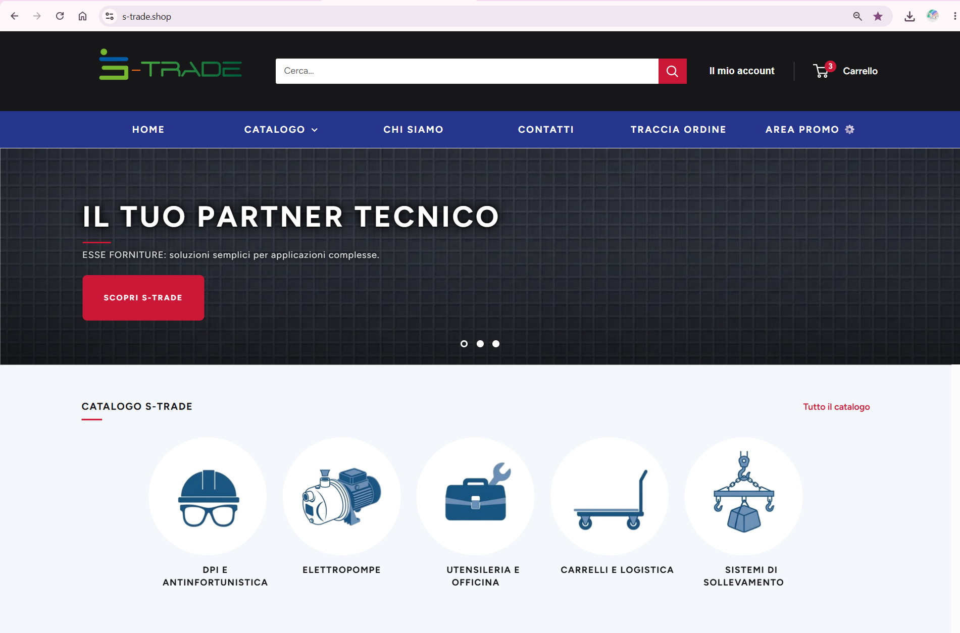 Homepage di S-Trade con ricerca prodotti e categorie di forniture industriali